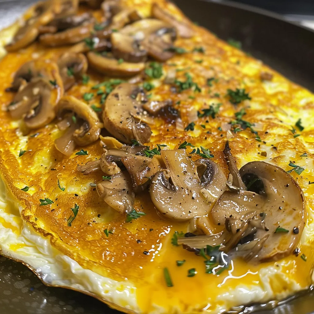 Juicy, cheesy mushroom omelette displayed on a plate, highlighting its rich texture and flavor.