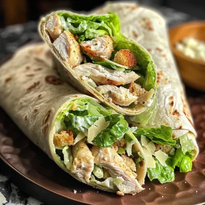Image captures a Chicken Caesar Wrap filled with chicken, romaine, Parmesan, and croutons.