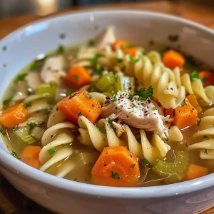 A detailed look at a bowl of chicken noodle soup featuring egg noodles, juicy chicken pieces, and fresh herbs.