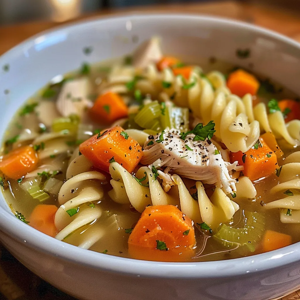 A side perspective of chicken noodle soup in a bowl, highlighting its rich broth and noodles.