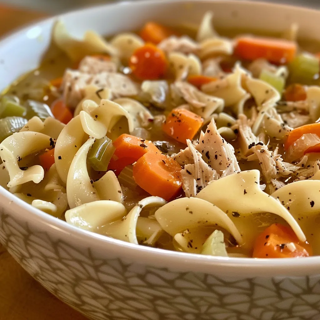 Close-up shot of homemade chicken noodle soup with egg noodles, highlighting the ingredients and rich broth.
