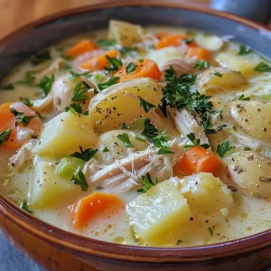 A steaming bowl of Chicken Potato Soup showing chunks of potatoes, carrots, and celery.