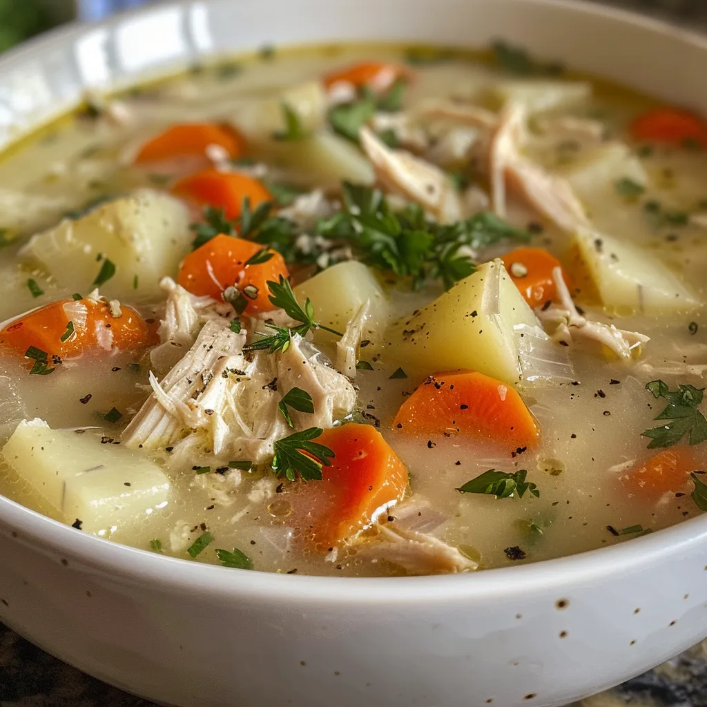 Delicious Chicken Potato Soup in a bowl, captured from the side to highlight its rich texture.
