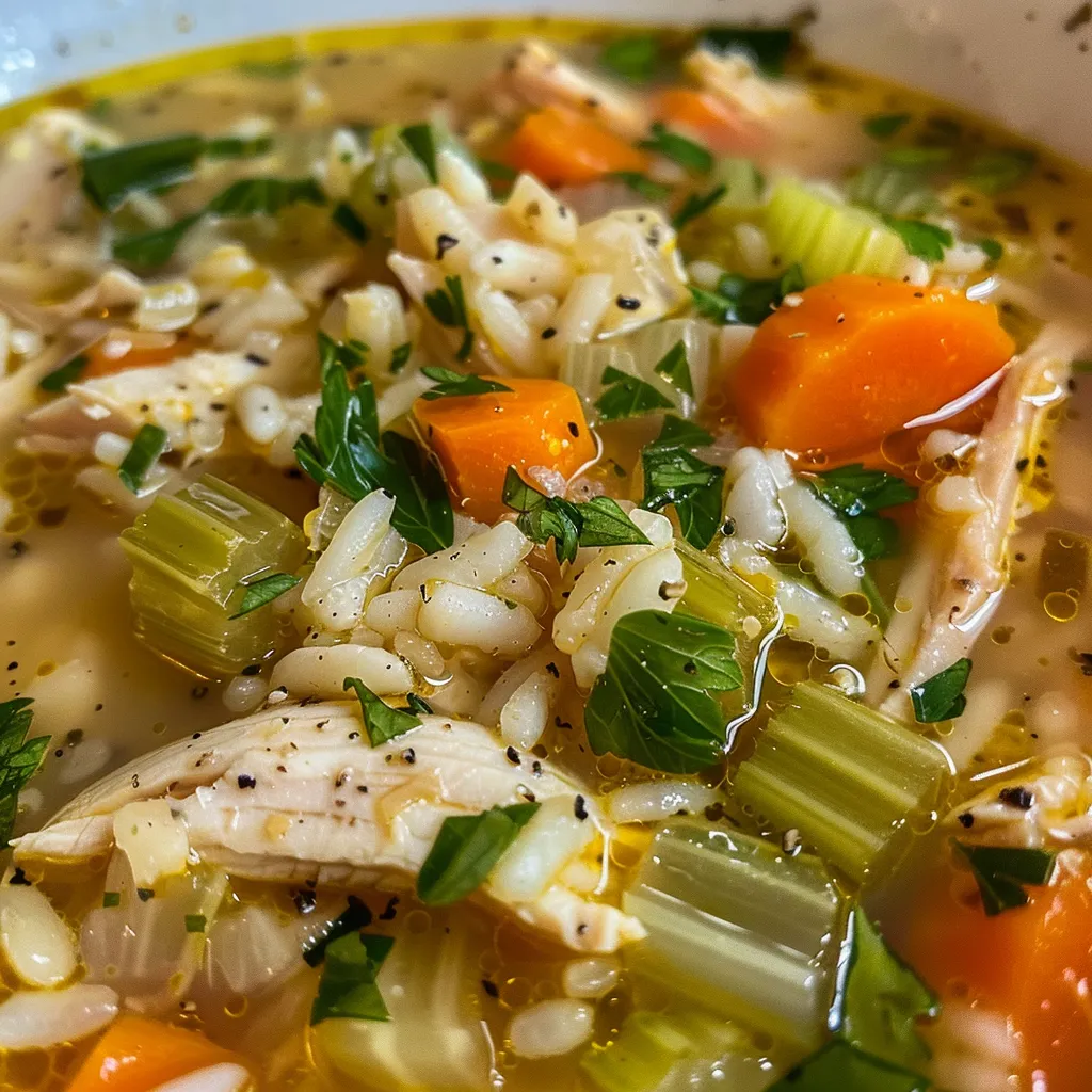 A detailed look at Chicken Vegetable Soup with a rich broth and garnished with parsley.