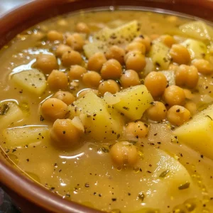Steamy chickpea potato soup with visible chunks of potatoes and chickpeas.