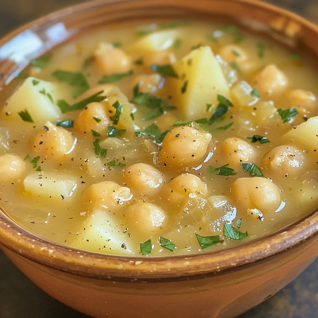 A vibrant bowl of chickpea potato soup, showcasing its texture and color.
