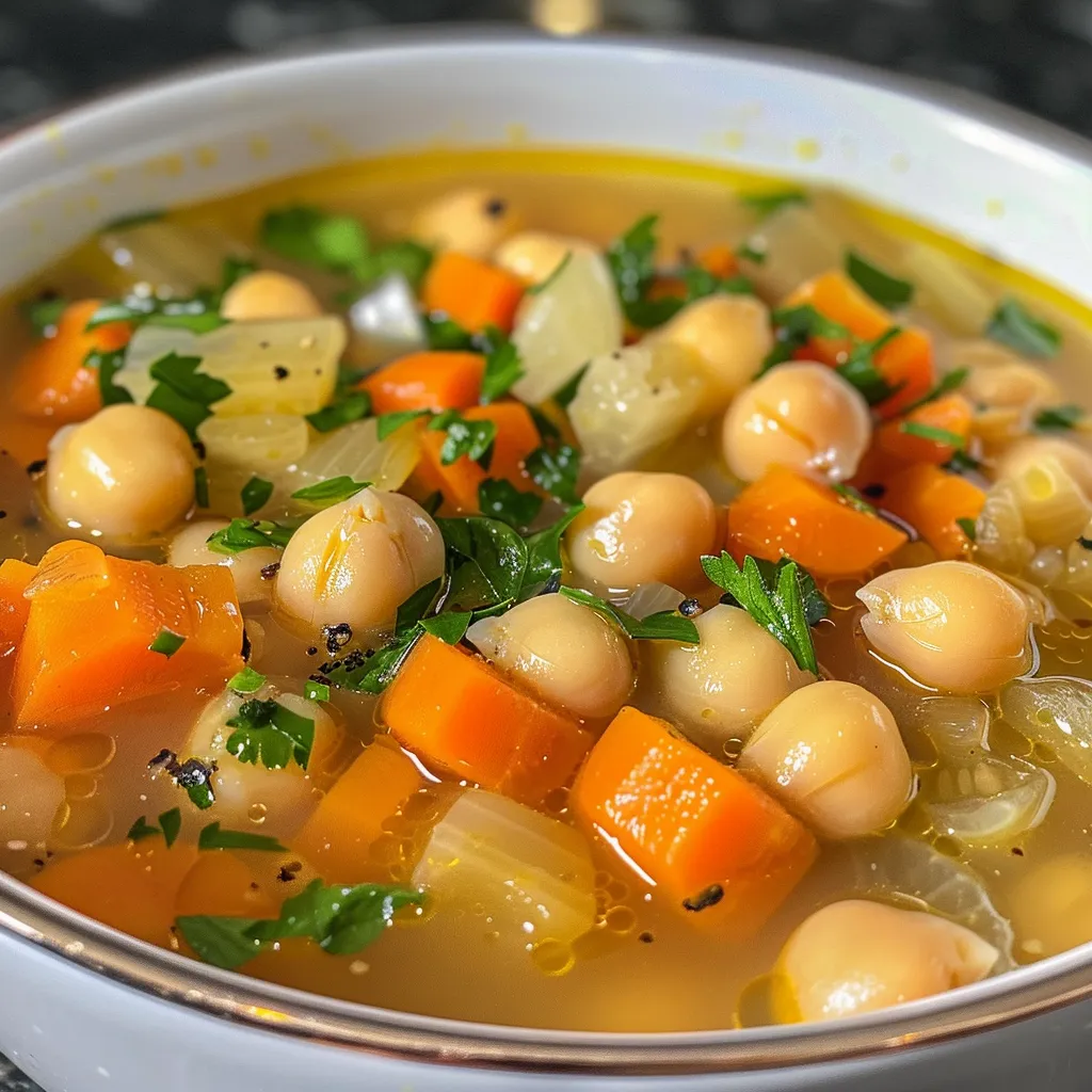 Vivid display of chickpea soup filled with diced veggies and chickpeas in a bowl.