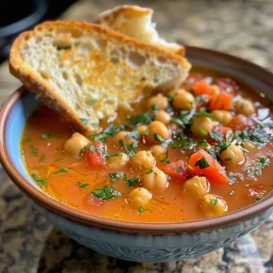 Vibrant Chickpea Tomato Soup garnished with fresh herbs and served in a rustic bowl.