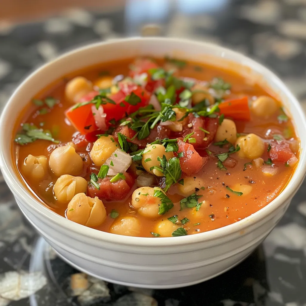 A hearty Chickpea Tomato Soup displayed with a spoon and fresh ingredients around it.