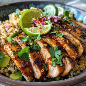 A vibrant dinner bowl showcasing chili-lime chicken, quinoa, and assorted garnishes.