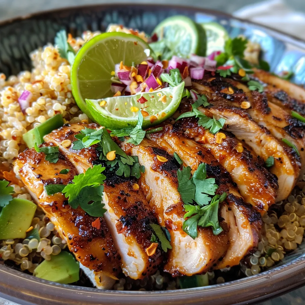 A vibrant dinner bowl showcasing chili-lime chicken, quinoa, and assorted garnishes.
