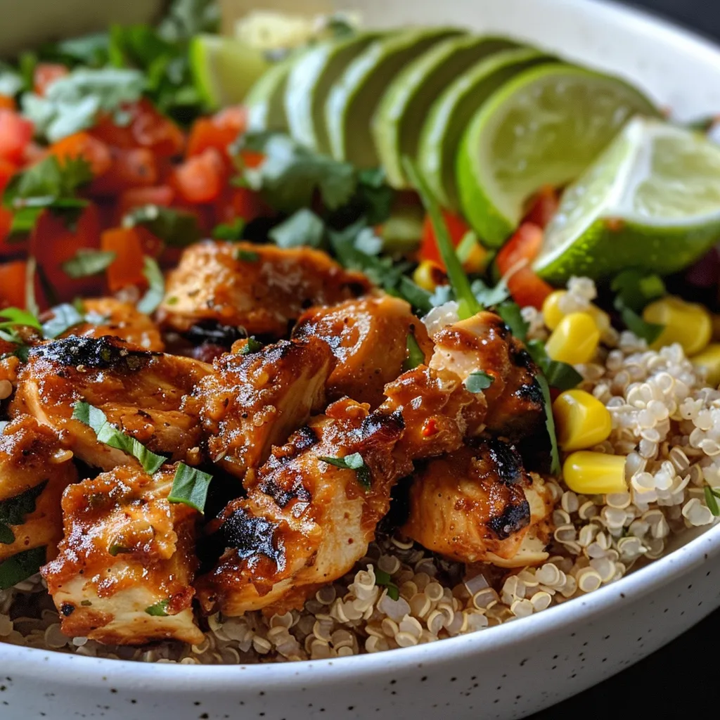 A side view of a flavorful Chili-Lime Chicken and Quinoa bowl with fresh ingredients.