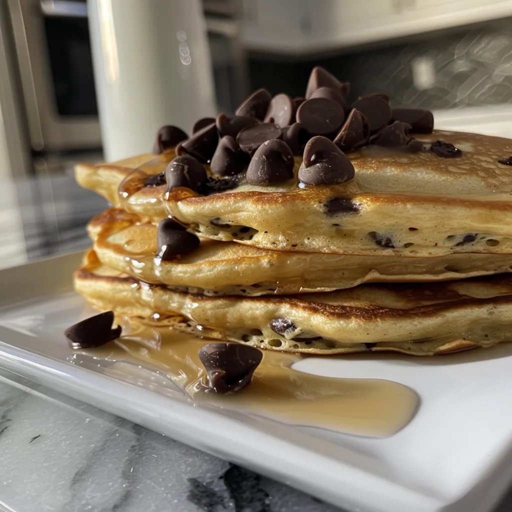 Detailed shot of chocolate chip pancakes topped with chocolate drizzle.