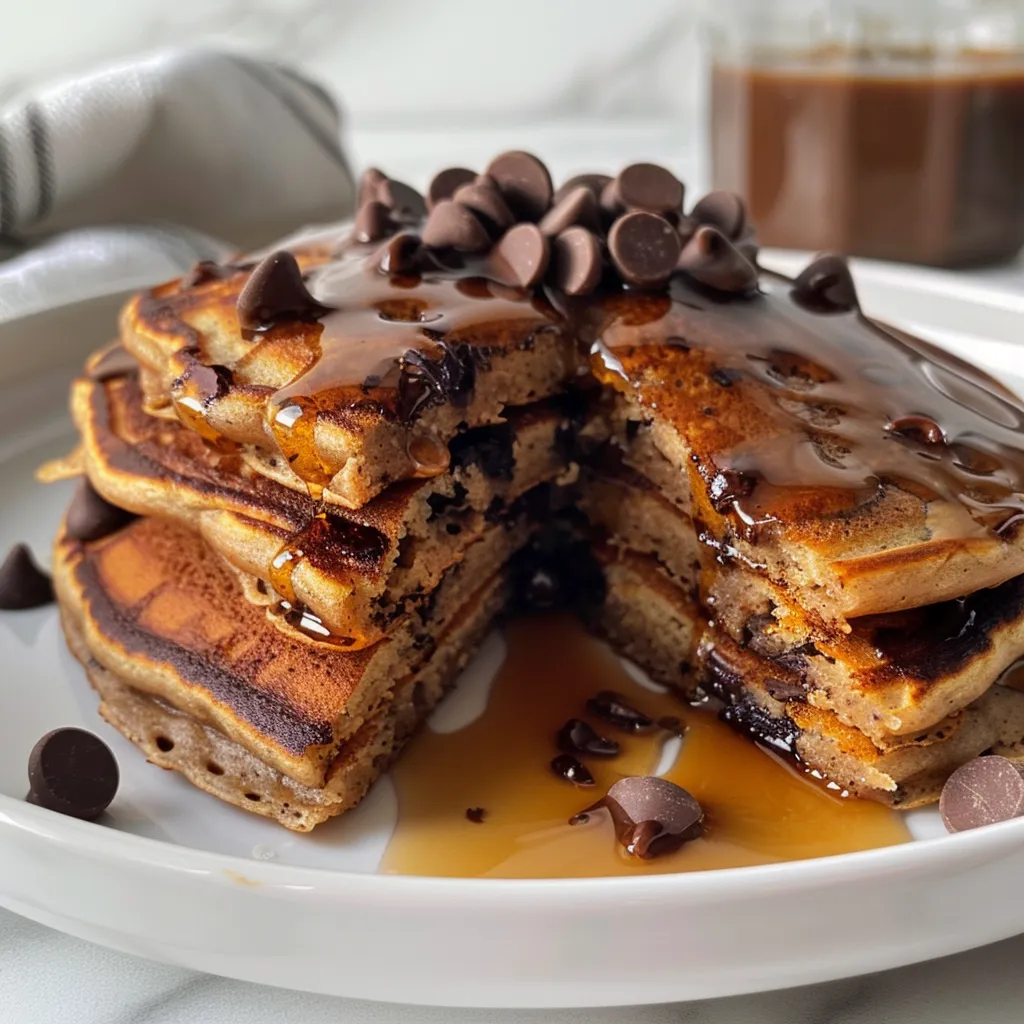 Juicy chocolate chip pancakes with a sprinkle of chocolate chips on top.