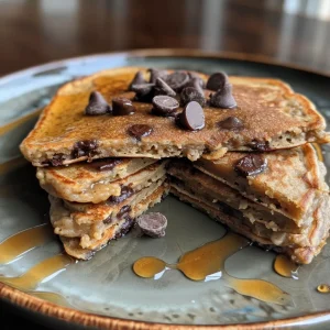 Delicious stack of protein pancakes with banana, chocolate chips, and almond milk.
