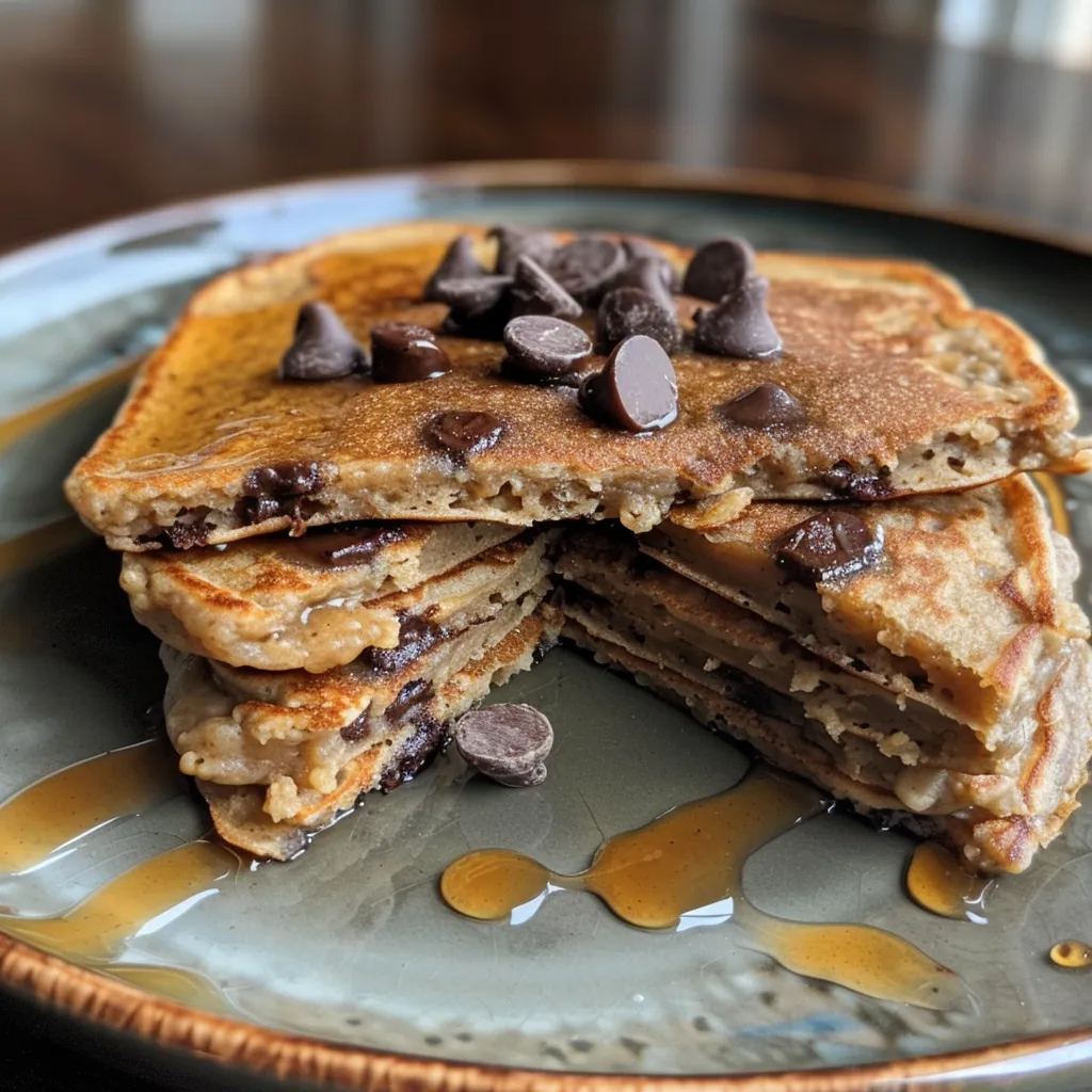 Delicious stack of protein pancakes with banana, chocolate chips, and almond milk.