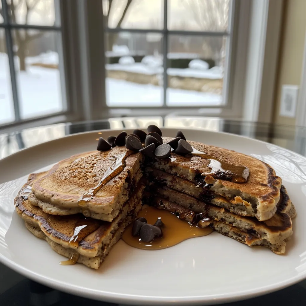 Juicy chocolate chip pancakes served on a plate, garnished with fresh ingredients.