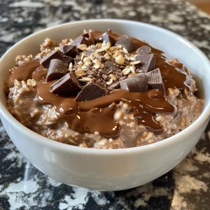 Delicious chocolate oatmeal with a glossy appearance, featuring optional toppings.