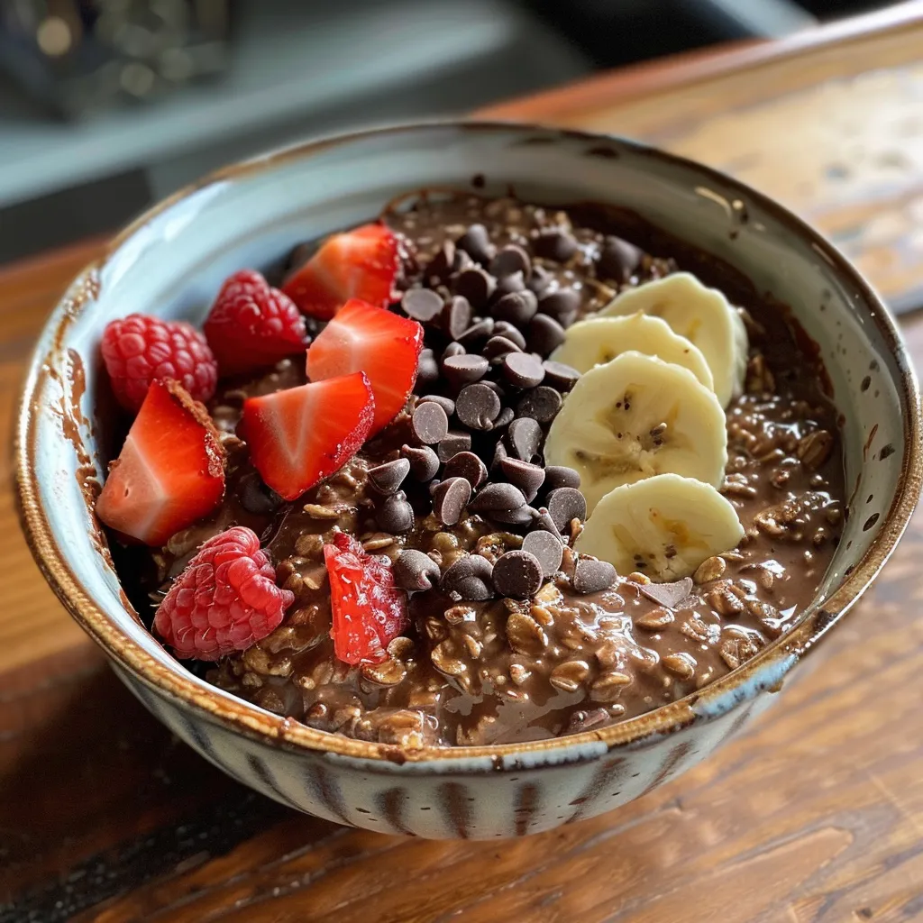 Appetizing chocolate oatmeal garnished with nuts and berries, presented in a bowl.