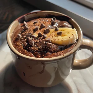 Rich chocolate mug cake in a cozy setting, featuring sliced bananas on top.