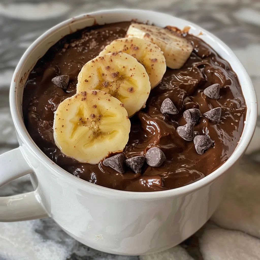 Side view of a chocolate protein mug cake in a white mug, showcasing its texture and toppings.