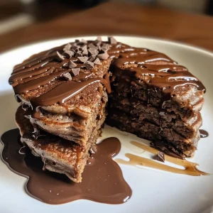 Delicious chocolate protein pancakes with a drizzle of melted chocolate and a sprinkle of cinnamon.