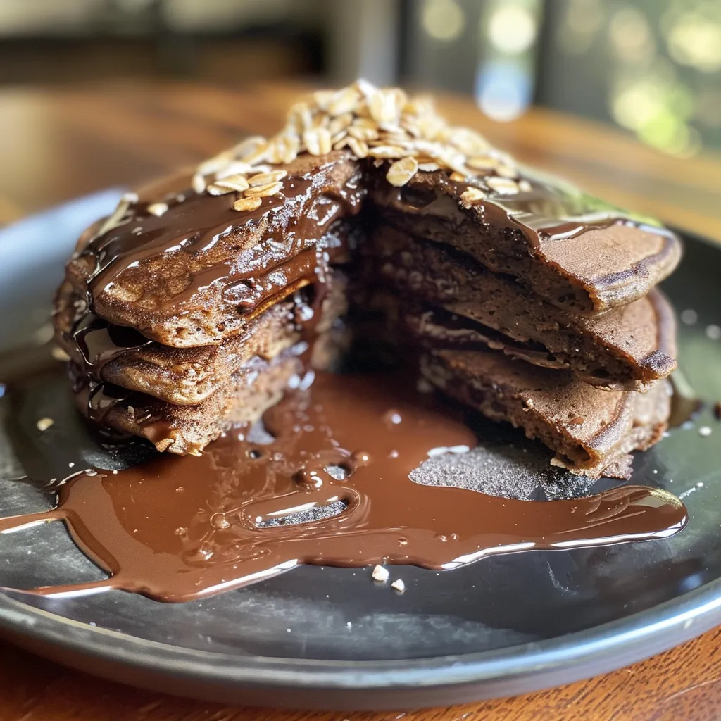 A plate of chocolate protein pancakes garnished with oats and ground flaxseed.