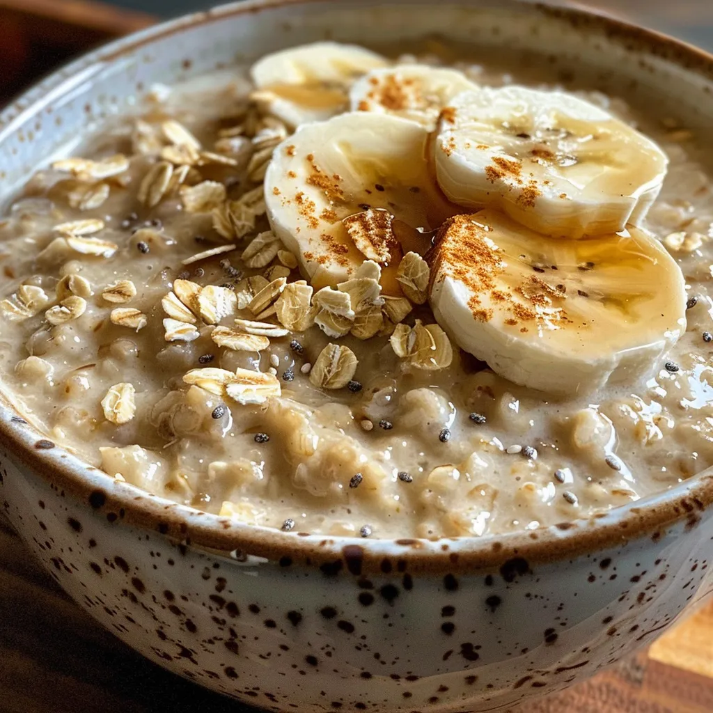 Delicious looking vanilla overnight oats with a drizzle of maple syrup and chia seeds.