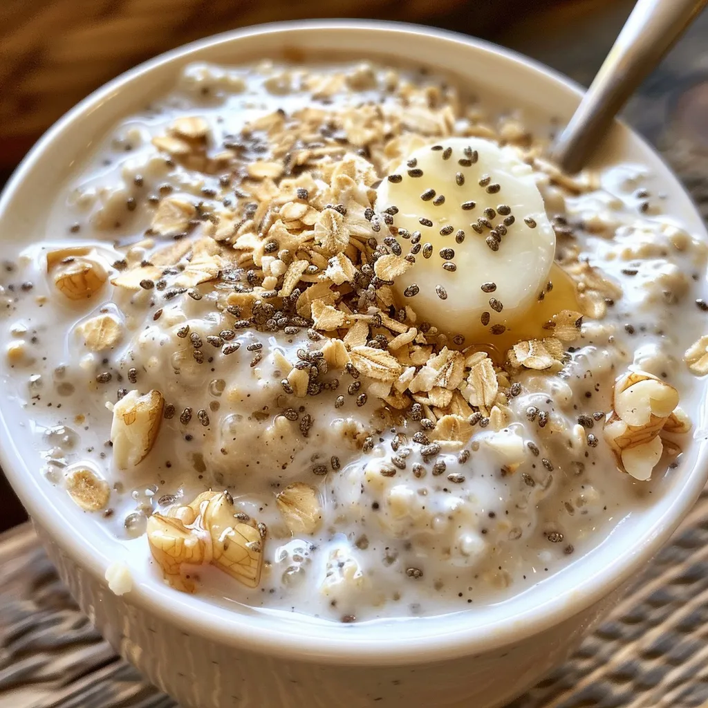 High-resolution image of overnight oats featuring vanilla flavor and textured oats.