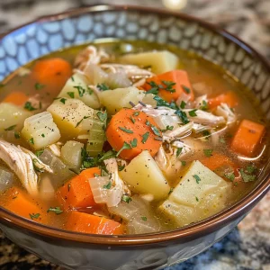 Side view of creamy chicken soup with chunks of potatoes and assorted vegetables.