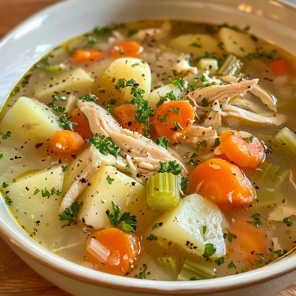 Delicious chicken soup garnished with fresh parsley and spices, served in a bowl.