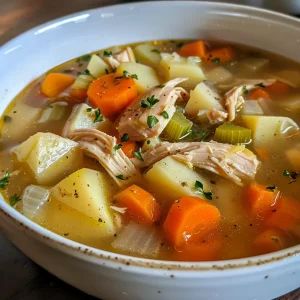 Juicy chicken soup displayed in a bowl, showcasing colorful veggies and creamy broth.