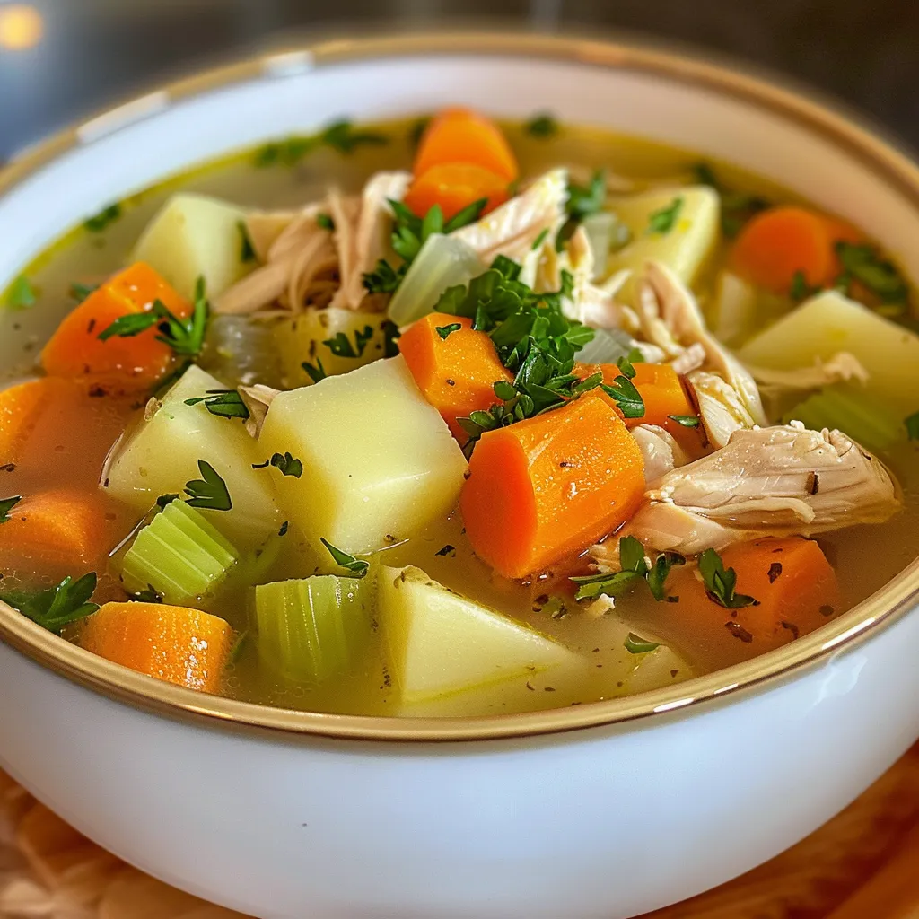 Savory chicken soup with carrots and celery, garnished with parsley in a rustic bowl.