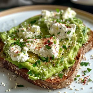 Juicy cottage cheese and avocado spread on toasted sourdough, garnished with herbs.