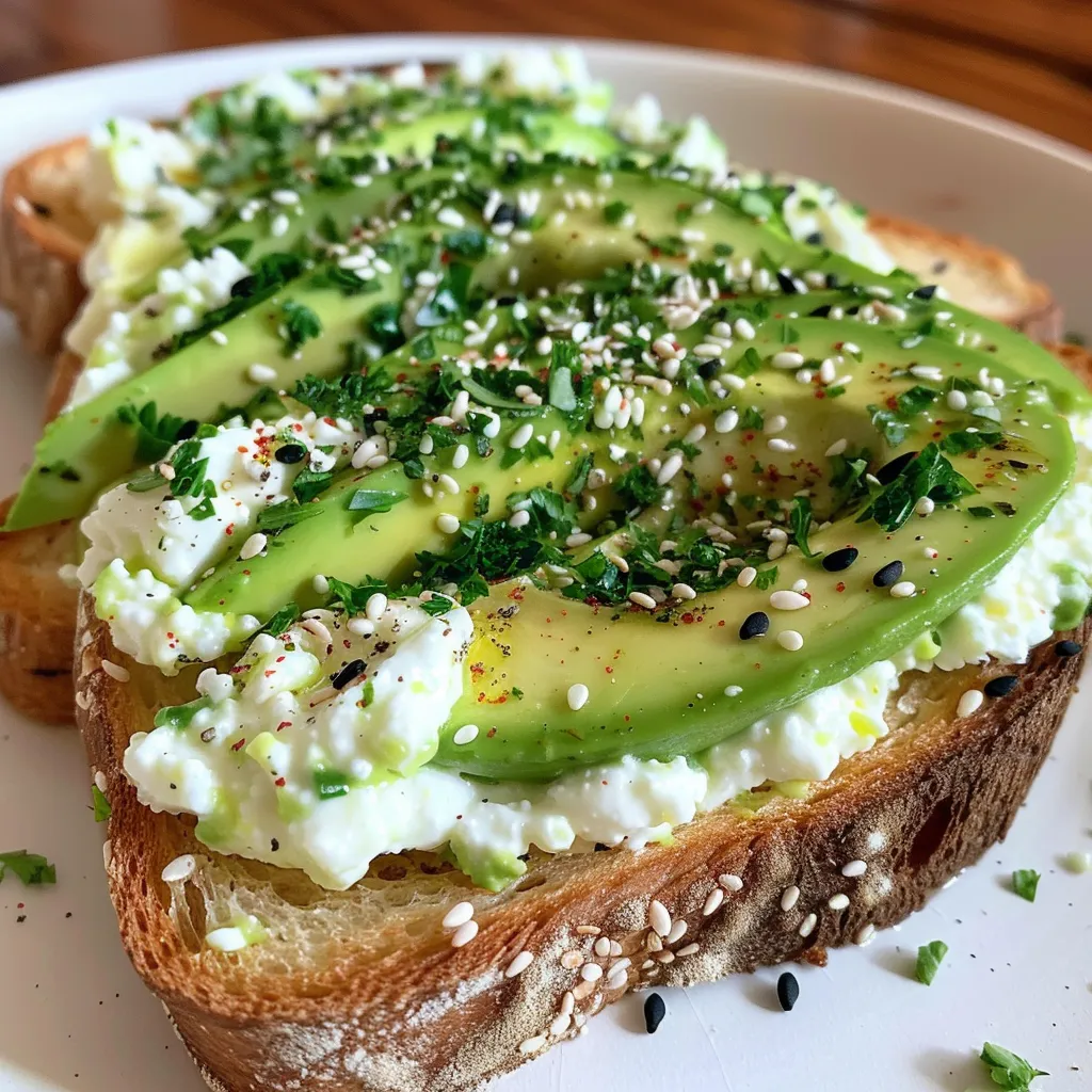 An appetizing slice of whole-grain bread topped with creamy avocado and cottage cheese.