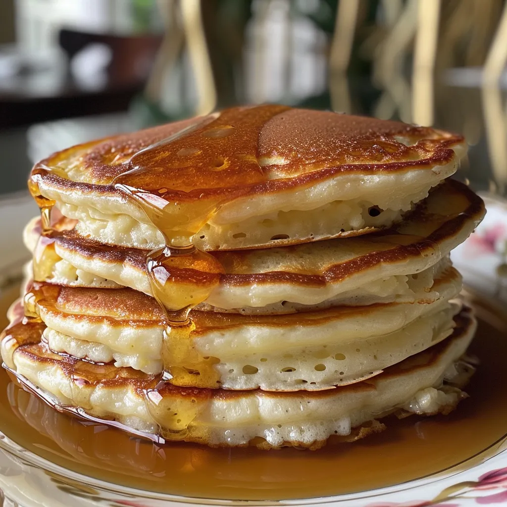 Juicy cottage cheese pancakes topped with melty chocolate chips and syrup.