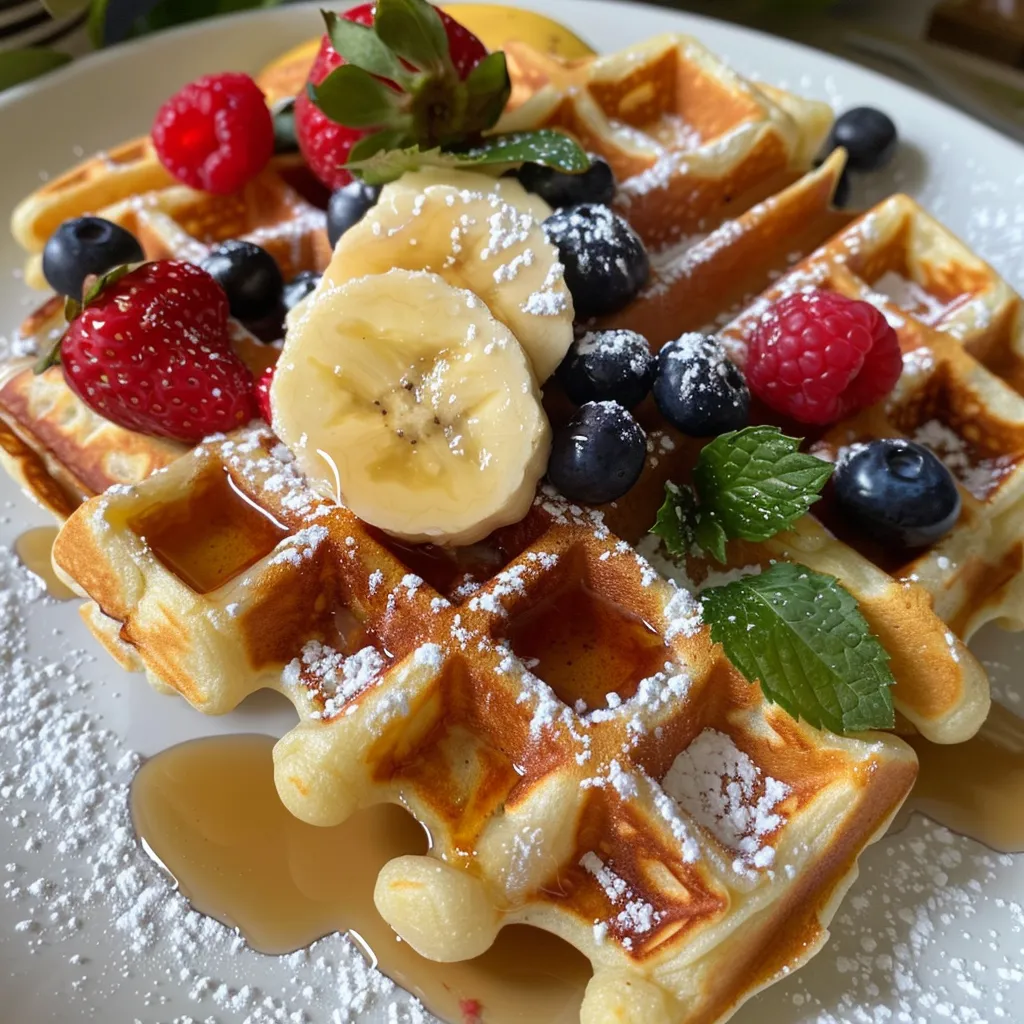 Juicy cottage cheese waffles arranged on a rustic wooden table.