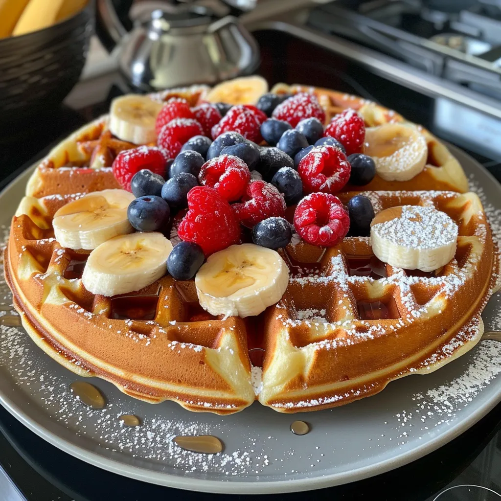Freshly made cottage cheese waffles garnished with a light syrup.
