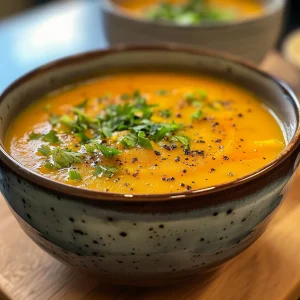 A side view of freshly made carrot ginger soup in a rustic bowl.