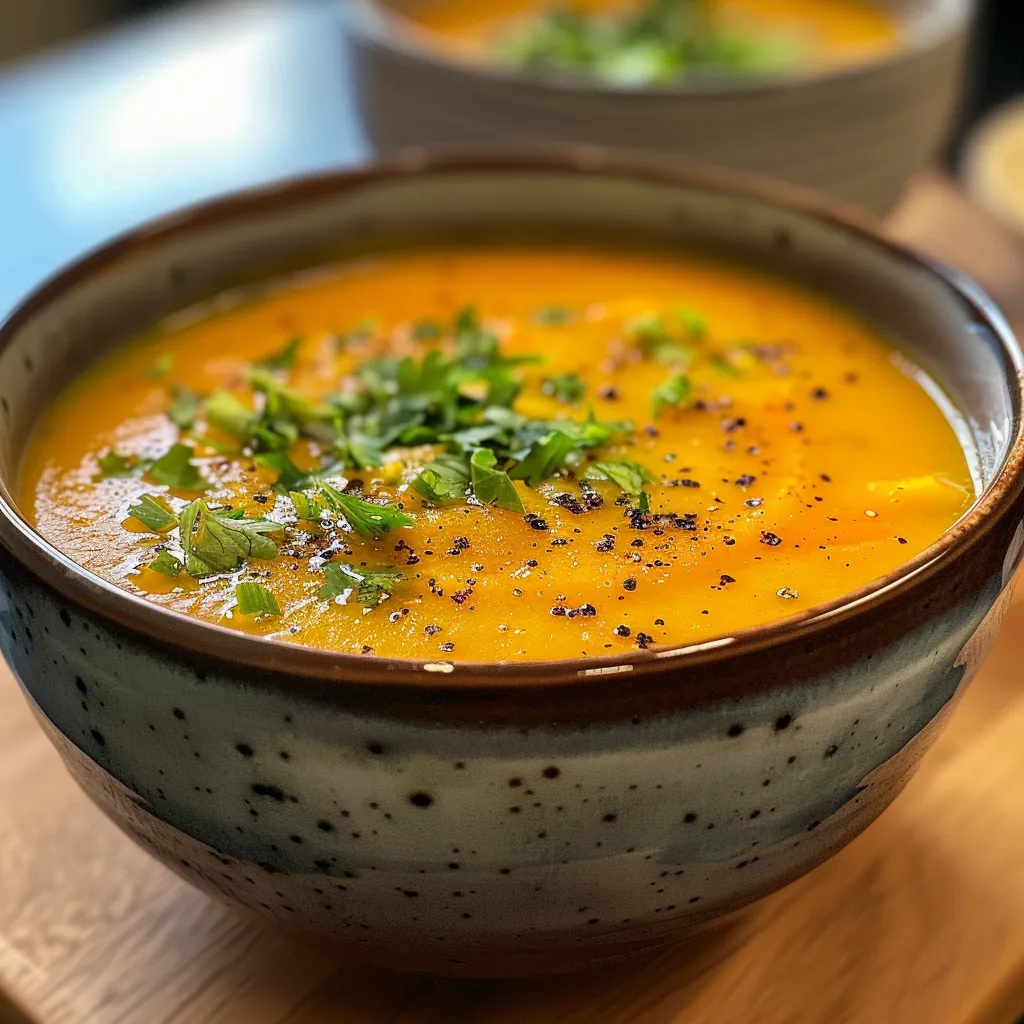 A side view of freshly made carrot ginger soup in a rustic bowl.