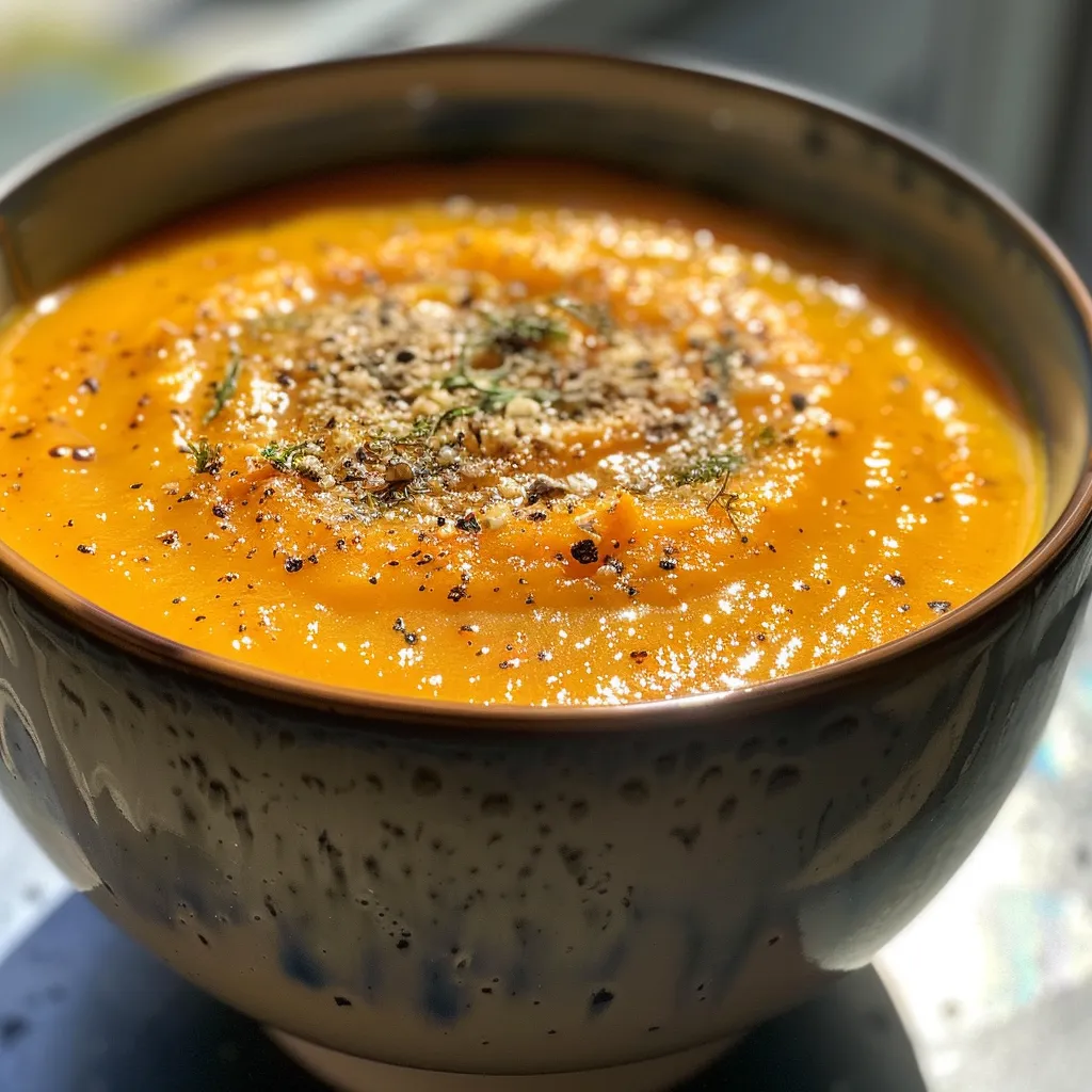 Bright orange soup with visible chunks of carrot and ginger, served warm.