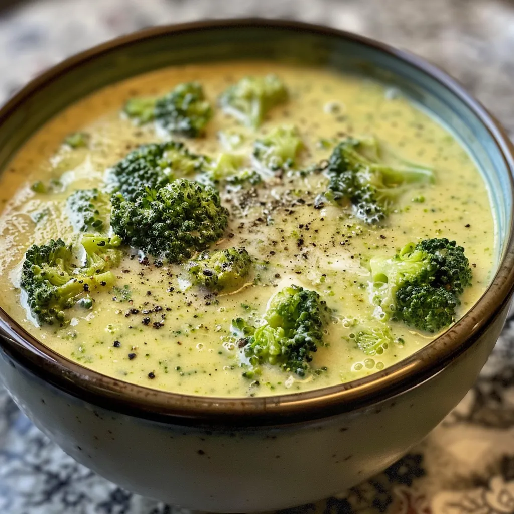 Cream of broccoli soup adorned with a sprinkle of pepper, highlighting its creamy richness.