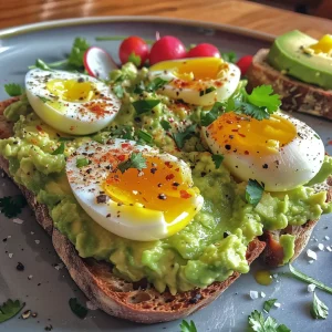 A deliciously styled avocado toast with an egg, featuring red pepper flakes and fresh herbs, on a rustic table.