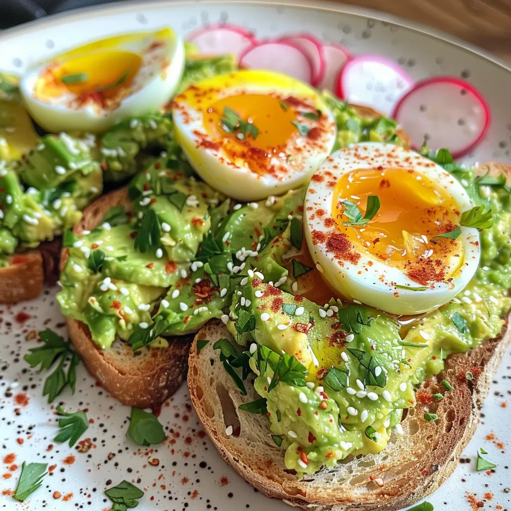 A mouthwatering combination of avocado and eggs on toasted bread, showcased with vibrant toppings for visual appeal.