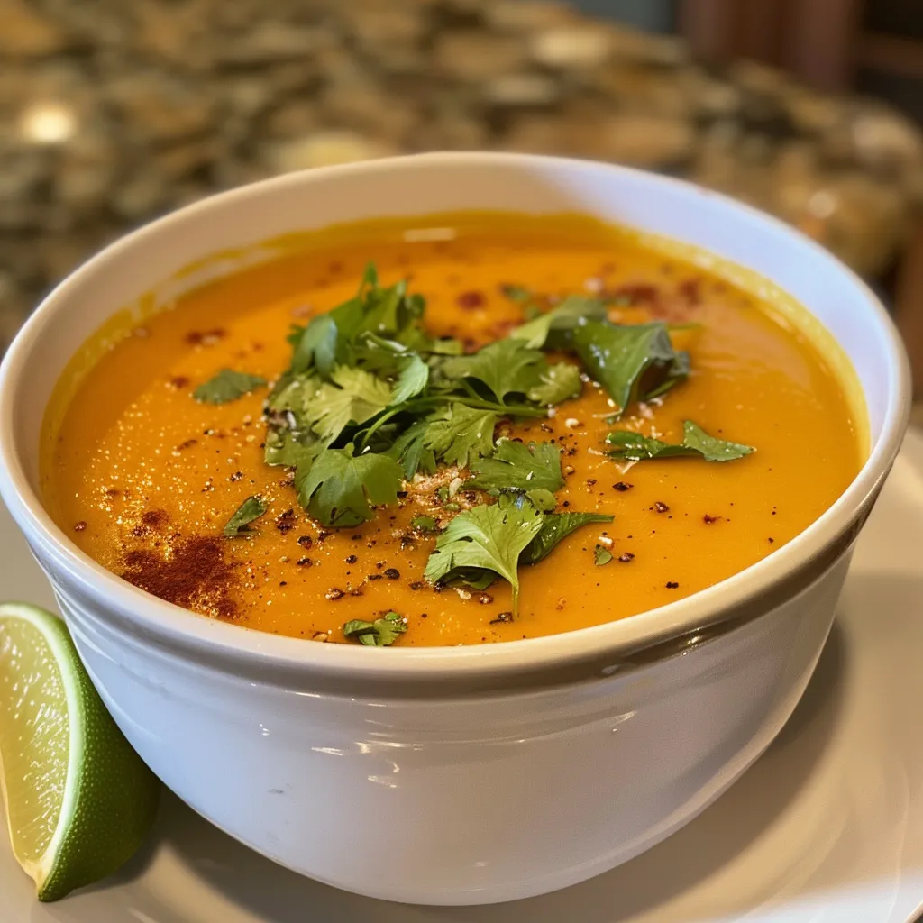 Side angle of a rich orange soup with chunks of carrots, garnished with herbs and spices.