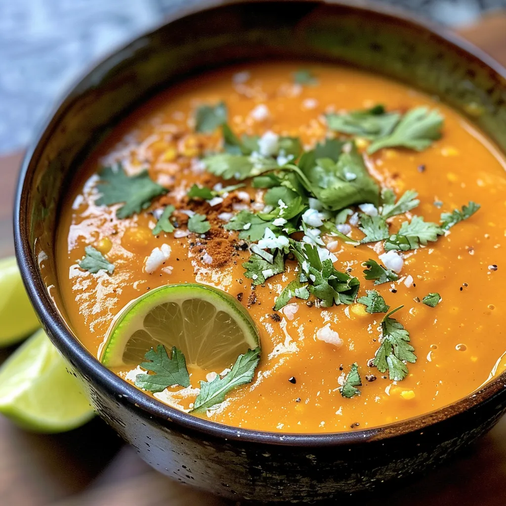 Delicious creamy soup with a smooth texture and colorful toppings, served in a white bowl.