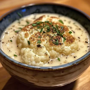 Bowl filled with rich, velvety cauliflower soup topped with fresh herbs.