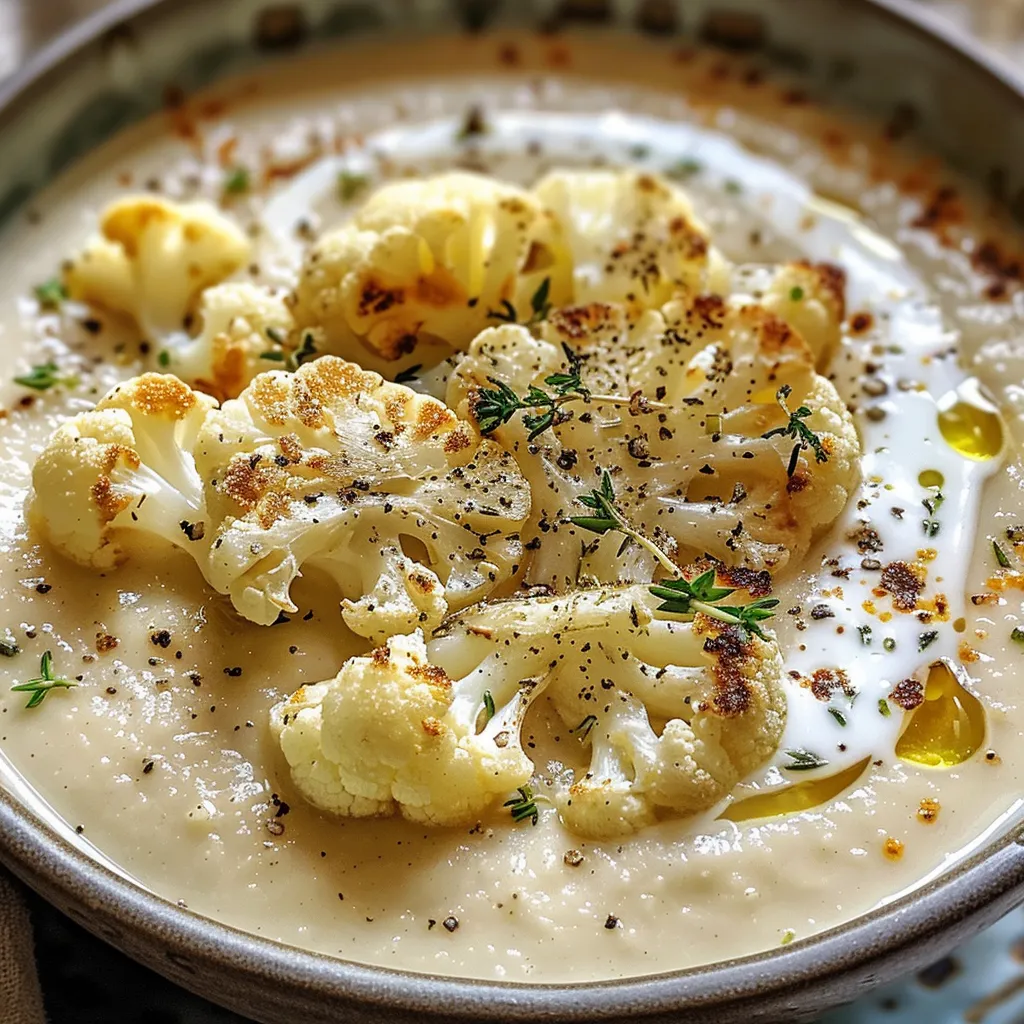 Creamy soup made from roasted cauliflower, served in a white bowl.