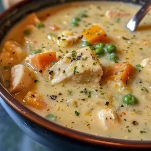 Delicious creamy chicken soup in a bowl, featuring a mix of vibrant vegetables and seasonings.