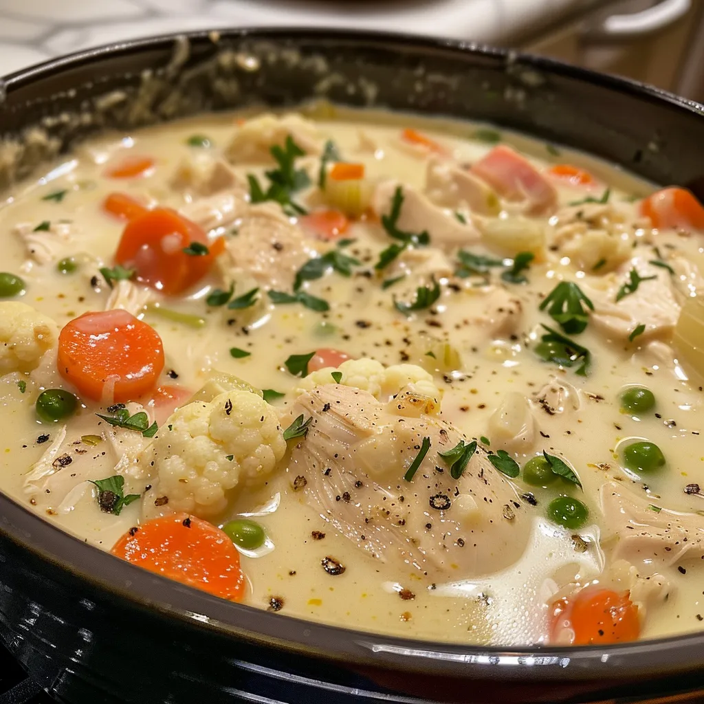 A steaming bowl of creamy soup filled with chicken, carrots, and peas, garnished with herbs.